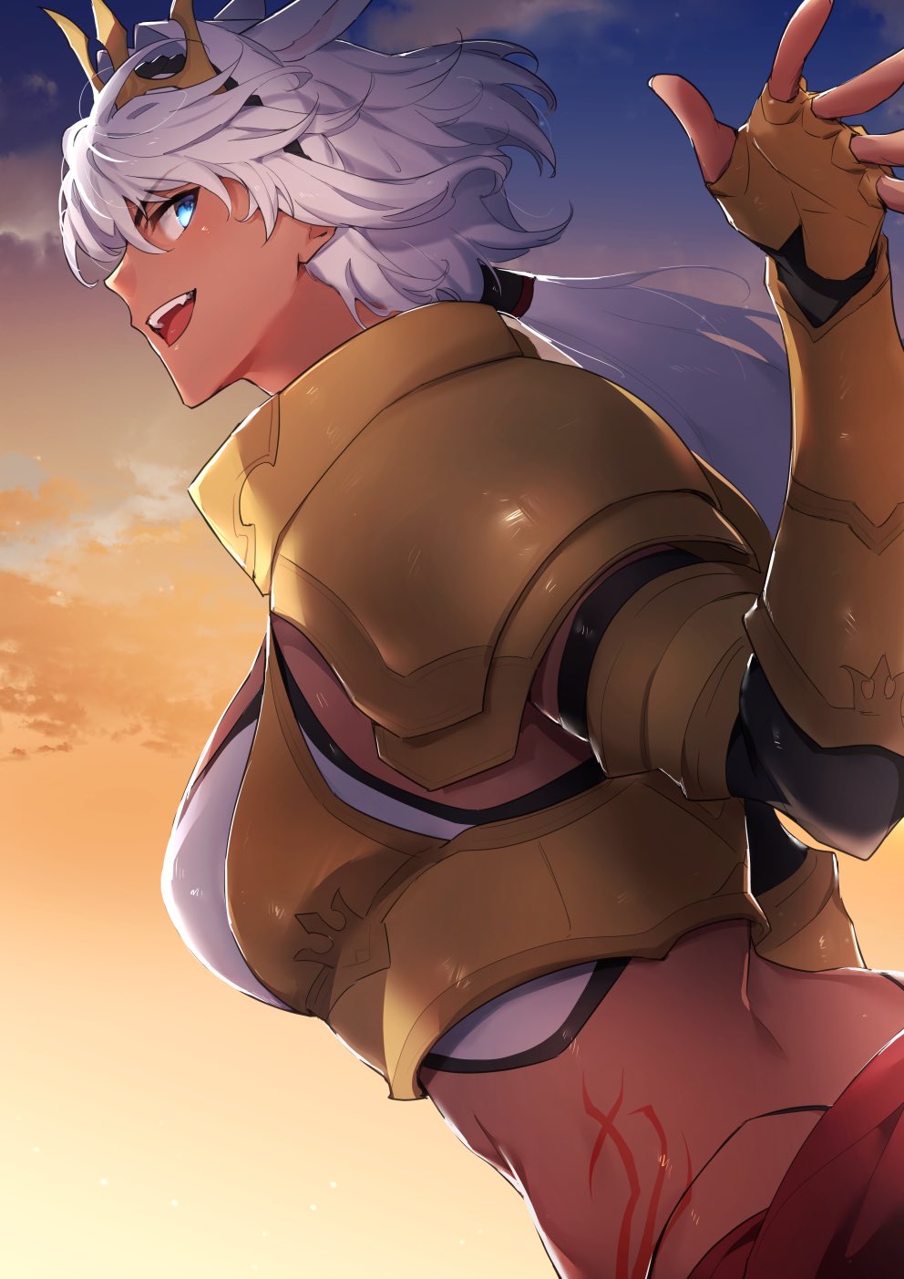 1girl animal_ears armor blue_eyes body_markings breasts caenis_(fate) crown dark-skinned_female dark_skin facing_away fate/grand_order fate_(series) gold_armor highres horse_ears long_hair looking_at_viewer looking_back navel open_mouth pauldrons ponytail revealing_clothes sabamori shoulder_armor sky solo sunset white_hair