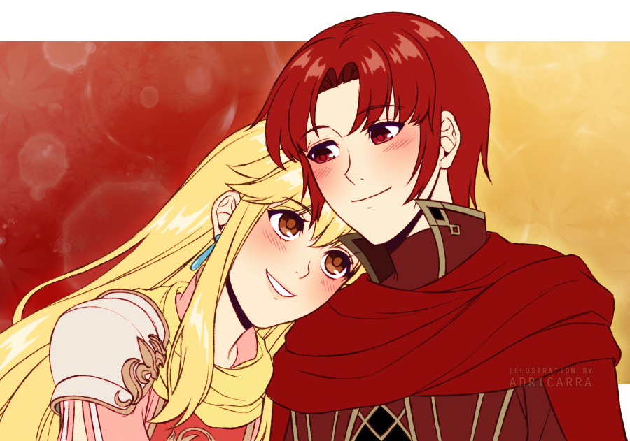 1boy 1girl adricarra armor azelle_(fire_emblem) bangs blonde_hair blush brown_eyes cape commentary earrings english_commentary fire_emblem fire_emblem:_genealogy_of_the_holy_war grin jacket jewelry lachesis_(fire_emblem) long_hair looking_at_another pauldrons pink_shirt red_background red_cape red_eyes red_jacket redhead scarf shirt short_hair shoulder_armor sidelocks smile two-tone_background upper_body yellow_background yellow_scarf