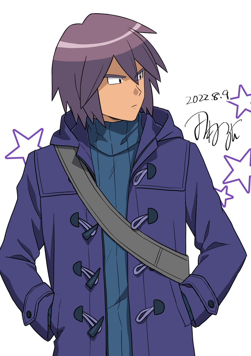 1boy alternate_costume bangs black_eyes closed_mouth coat commentary_request dated hands_in_pockets highres looking_to_the_side male_focus one-hour_drawing_challenge open_clothes open_coat paul_(pokemon) pokemon pokemon_(anime) pokemon_dppt_(anime) purple_coat short_hair signature solo star_(symbol) strap sweater tamura_(kouititamura) turtleneck turtleneck_sweater upper_body white_background