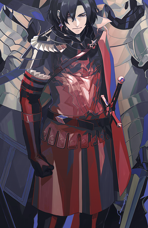 1boy 2others armor bangs black_hair cape closed_mouth commentary_request constantine_xi_(fate) earrings expressionless fate/grand_order fate_(series) feet_out_of_frame full_armor gloves grey_eyes hair_between_eyes jewelry looking_at_viewer medium_hair multiple_others official_alternate_costume red_armor red_cape red_gloves sei_8220 sword weapon