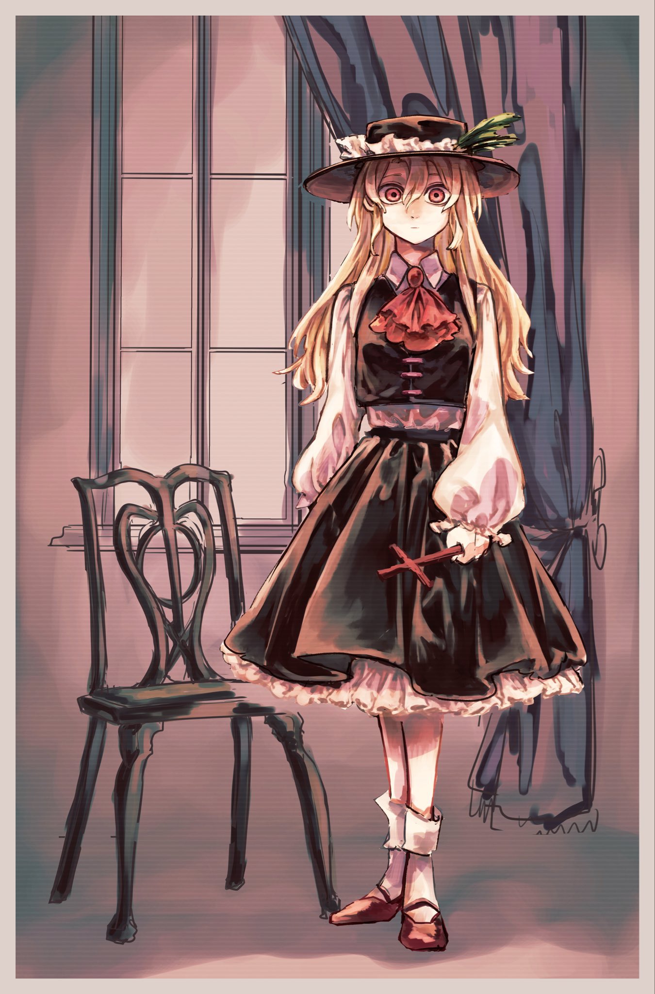 1girl :| ascot bangs blonde_hair border breasts brown_headwear brown_skirt brown_vest chair closed_mouth collared_shirt commentary_request cross curtains expressionless fedora frilled_hat frilled_skirt frilled_sleeves frills full_body grey_border hat hat_feather highres holding holding_cross indoors jacket_girl_(dipp) jun_harukawa long_hair long_sleeves looking_at_viewer mary_janes petticoat red_ascot red_eyes red_footwear shirt shoes skirt small_breasts socks solo standing touhou vest white_shirt white_socks window