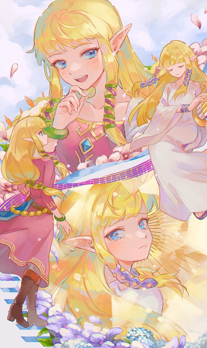 blonde_hair blue_eyes boots dress highres hime_cut long_hair looking_at_viewer looking_back open_mouth petals pointy_ears princess_zelda rain_rkgk smile the_legend_of_zelda the_legend_of_zelda:_skyward_sword