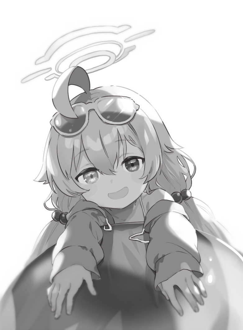 1girl :d ahoge bangs blue_archive eyewear_on_head greyscale halo heterochromia hood hoodie hoshino_(blue_archive) hoshino_(swimsuit)_(blue_archive) inflatable_toy long_hair looking_at_viewer low_twintails machico monochrome open_mouth simple_background smile solo twintails