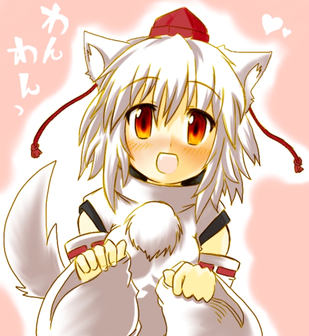 1girl :d animal_ears bangs bare_shoulders inubashiri_momiji m.m open_mouth pink_background red_eyes shirt short_hair sleeveless sleeveless_shirt smile solo tail touhou white_hair white_shirt white_sleeves wolf_ears wolf_girl wolf_tail