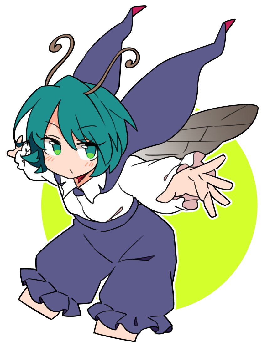 1girl antennae black_cape black_shorts blush cape closed_mouth collared_shirt cropped_legs green_eyes green_hair hair_between_eyes ini_(inunabe00) long_sleeves shirt short_hair shorts solo touhou white_shirt wings wriggle_nightbug