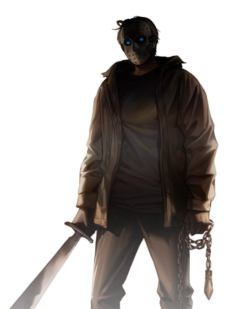 1boy ahoge alternate_costume america_(hetalia) axis_powers_hetalia blood_on_mask blue_eyes brown_jacket brown_pants chain cosplay cowboy_shot crazy_eyes dark friday_the_13th gloves glowing glowing_eyes grey_shirt hockey_mask holding holding_chain holding_sword holding_weapon jacket jason_voorhees jason_voorhees_(cosplay) leather leather_gloves littleb623 mask pants shirt sword weapon