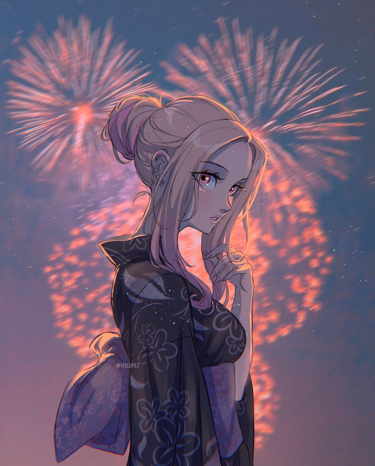 1girl back_bow bangs blonde_hair bow breasts earrings fingernails fireworks floral_print hair_bun hand_in_own_hair highres itslopezz japanese_clothes jewelry kimono kitagawa_marin long_bangs long_fingernails long_hair looking_at_viewer medium_breasts multiple_earrings outdoors parted_bangs parted_lips red_eyes solo sono_bisque_doll_wa_koi_wo_suru upper_body