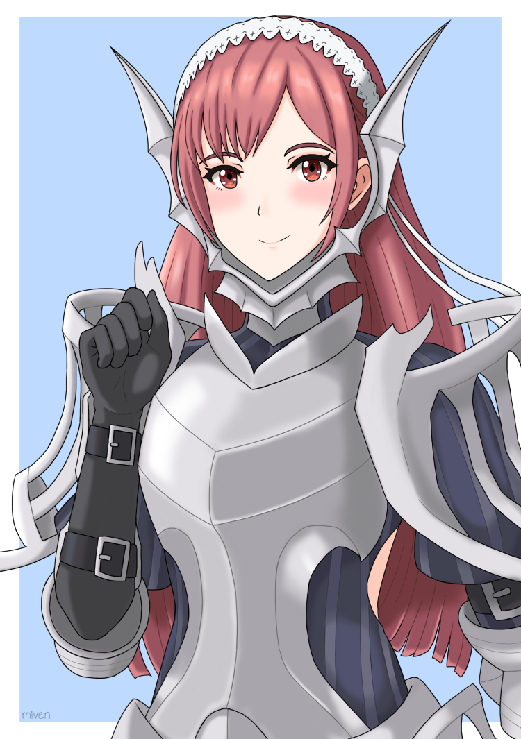 1girl armor armored_dress artist_name bangs black_gloves blue_background blue_dress border breastplate cherche_(fire_emblem) commentary dress fire_emblem fire_emblem_awakening gloves hairband hand_up long_hair looking_at_viewer miven outside_border pink_hair red_eyes short_sleeves shoulder_armor signature smile solo upper_body very_long_hair white_border white_hairband