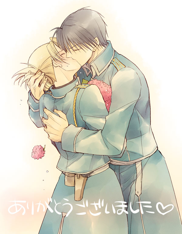 amestris_military_uniform blonde_hair blue_jacket closed_eyes couple flower fullmetal_alchemist grey_hair gun hair_between_eyes handgun hetero holster jacket kiss long_sleeves military military_jacket military_uniform pink_flower riza_hawkeye roy_mustang shiny shiny_hair short_hair sketch sweatdrop takafuji_yuna uniform weapon