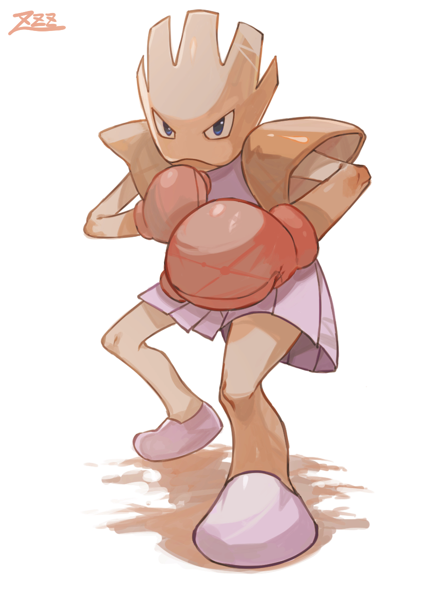 blue_eyes closed_mouth commentary_request fighting_stance highres hitmonchan knees looking_at_viewer oyasuminjyutsu pokemon pokemon_(creature) signature solo squatting standing white_background