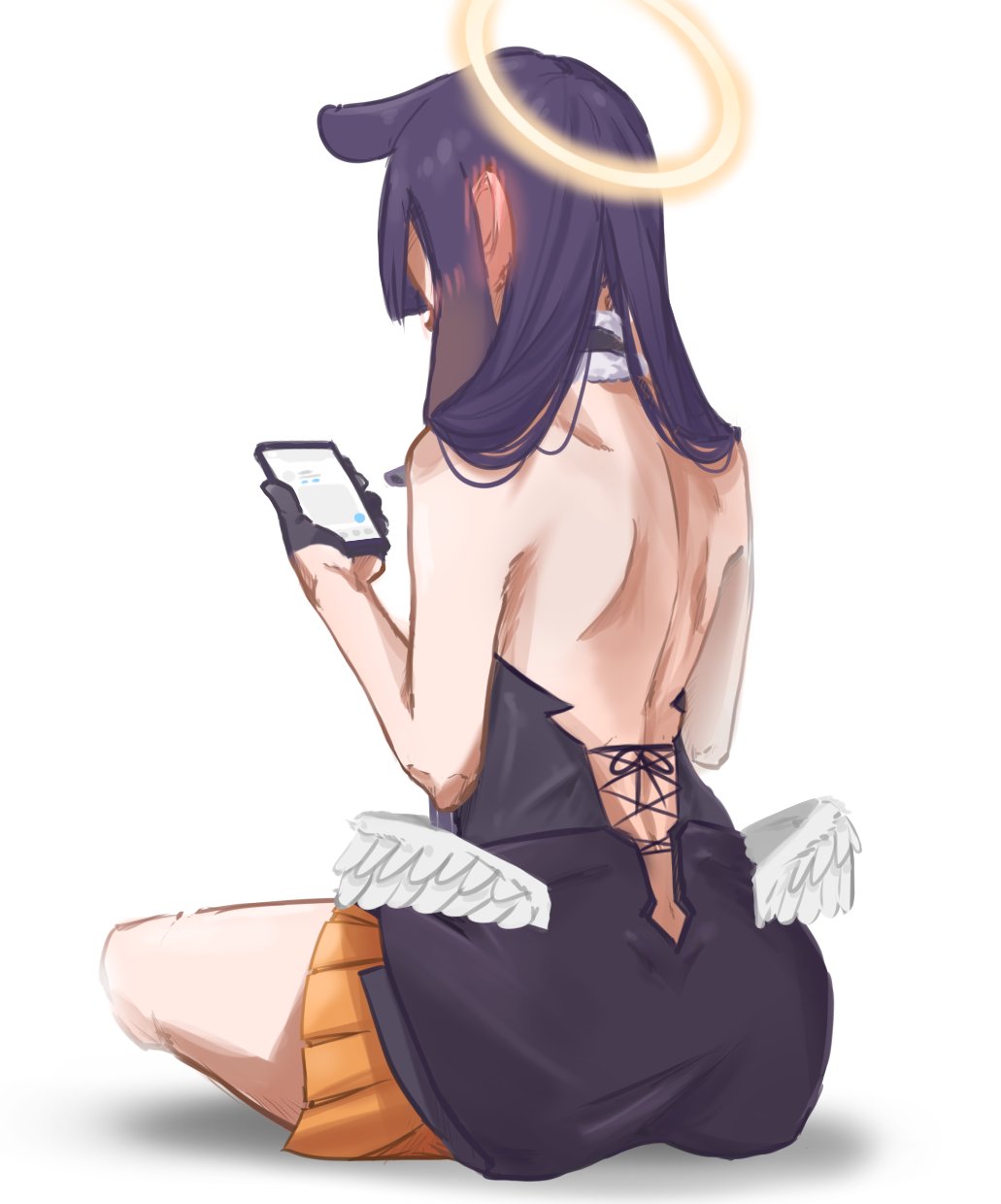 1girl back bangs black_dress blunt_bangs cellphone dress fur-trimmed_collar highres hololive hololive_english long_hair low_wings multicolored_hair ninomae_ina'nis orange_hair phone pointy_ears purple_hair short_dress smartphone solo ssseaweed1 strapless strapless_dress tentacle_hair tube_dress virtual_youtuber wings