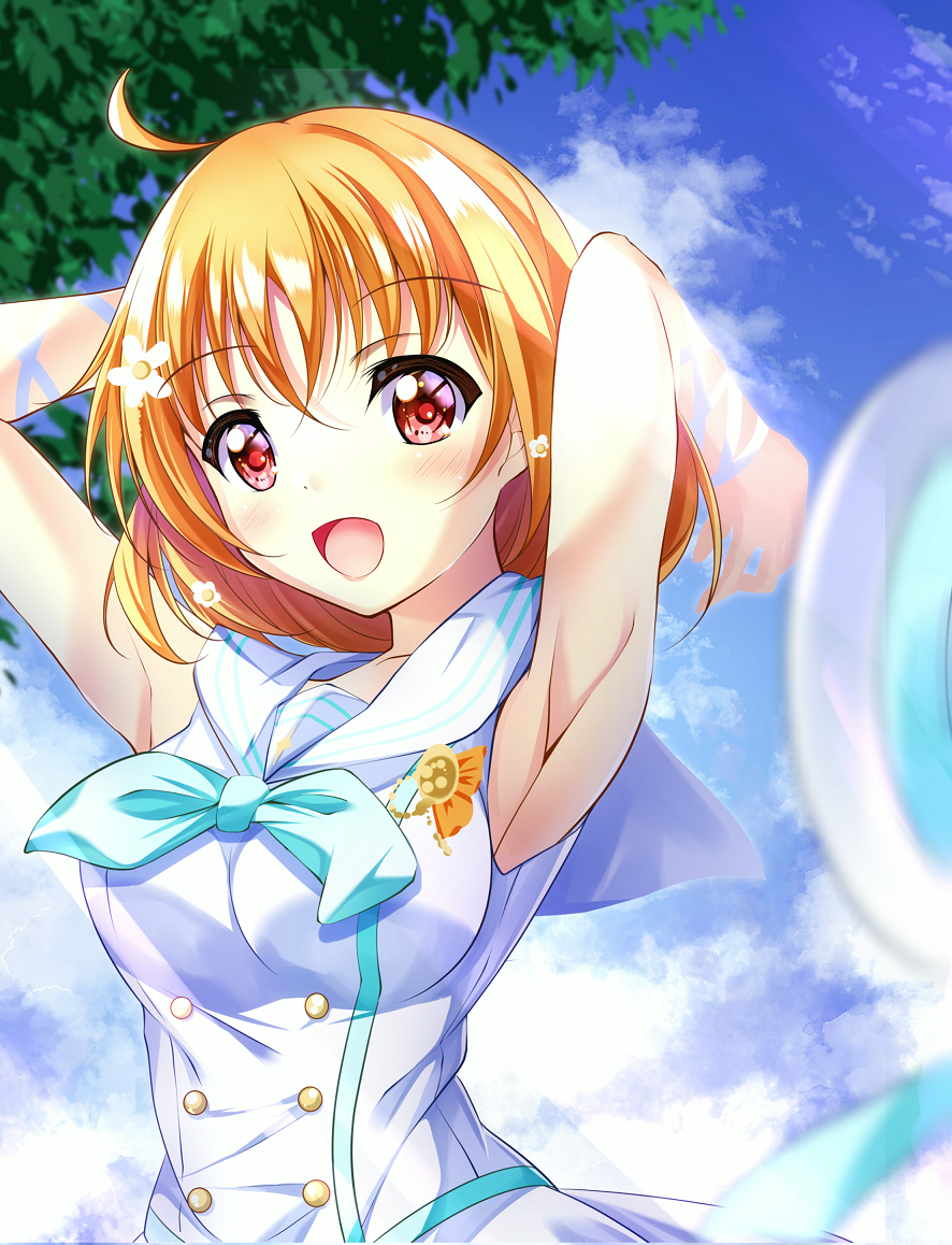 1girl armpits bangs birthday blue_sky blush breasts clouds cloudy_sky collarbone commentary flower hair_flower hair_ornament looking_at_viewer love_live! love_live!_sunshine!! medium_breasts orange_hair red_eyes shiny shiny_hair short_hair sidelocks sky smile solo takami_chika tree upper_body yangus_(2143077)