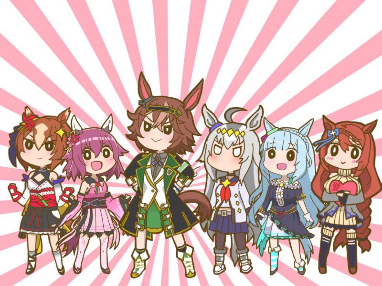 6+girls :&gt; animal_ears bamboo_memory_(umamusume) detached_sleeves ebi_525 hair_between_eyes hair_ornament headband horse_ears horse_girl horse_tail long_hair looking_at_viewer medium_hair mejiro_ardan_(umamusume) multiple_girls oguri_cap_(umamusume) sakura_chiyono_o_(umamusume) smug super_creek_(umamusume) tail thigh-highs umamusume yaeno_muteki_(umamusume)