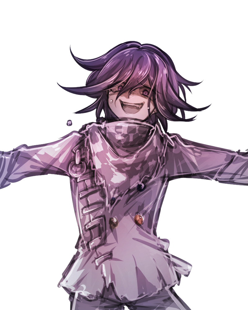 1boy :d bangs checkered_clothes checkered_scarf cowboy_shot danganronpa_(series) danganronpa_v3:_killing_harmony english_commentary grey_background grey_jacket grey_pants jacket long_sleeves open_mouth ouma_kokichi pants pink_eyes pink_hair riyuta scarf shiny shiny_hair simple_background smile solo sweat tears teeth upper_teeth