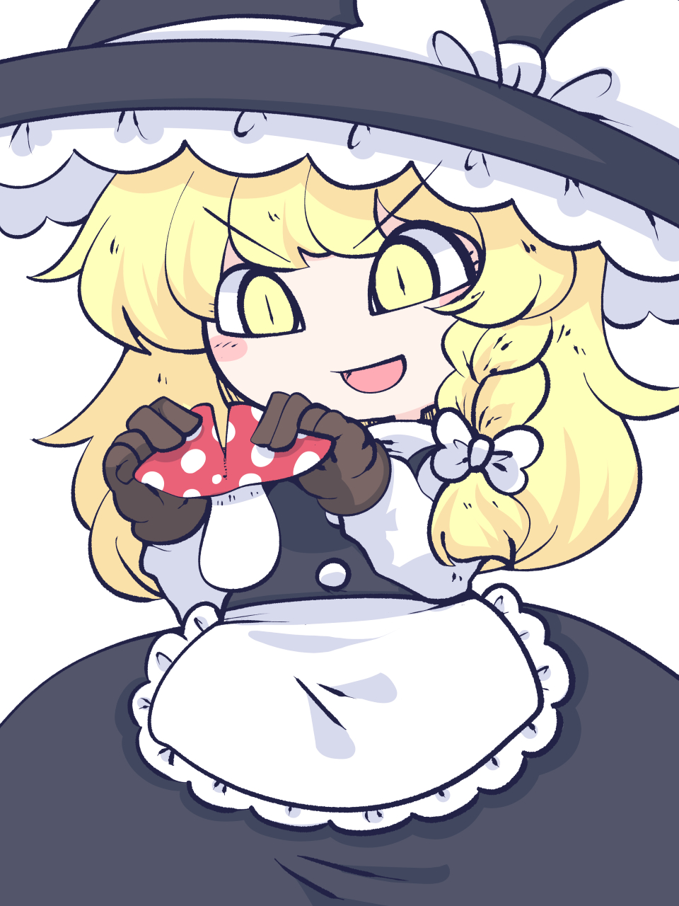1girl apron black_dress black_headwear blonde_hair blush_stickers bow braid brown_gloves dress food fried_rice0614 gloves hat hat_bow highres holding holding_food kirisame_marisa long_hair long_sleeves mushroom one-hour_drawing_challenge open_mouth simple_background single_braid smile solo touhou waist_apron white_apron white_background white_bow witch_hat yellow_eyes