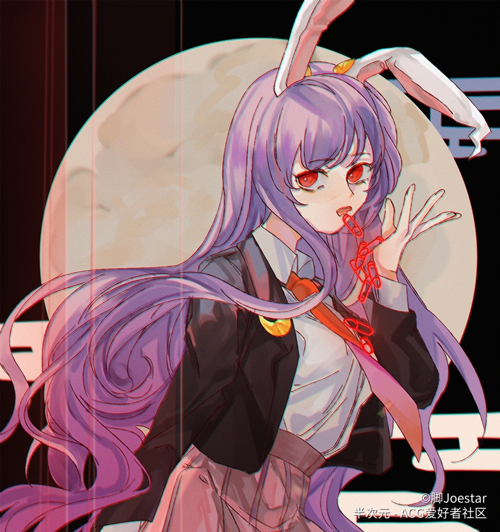 1girl animal_ears black_jacket blazer bullet chinese_commentary collared_shirt commentary crescent crescent_pin fingernails full_moon hand_up jacket jiao_joestar layered_sleeves long_hair long_sleeves looking_at_viewer moon necktie open_clothes open_jacket open_mouth pink_skirt purple_hair rabbit_ears red_eyes red_necktie reisen_udongein_inaba shirt skirt solo touhou upper_body very_long_hair white_shirt