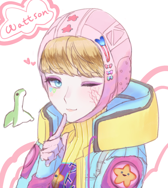 1girl apex_legends blue_eyes blue_gloves blue_jacket bodysuit character_name cookie_cocoa eyeshadow finger_to_mouth gloves heart jacket kawaii_voltage_wattson makeup nessie_(respawn) official_alternate_costume one_eye_closed pink_headwear portrait purple_eyeshadow ribbed_bodysuit shushing sketch smile solo star_(symbol) wattson_(apex_legends) white_background yellow_bodysuit
