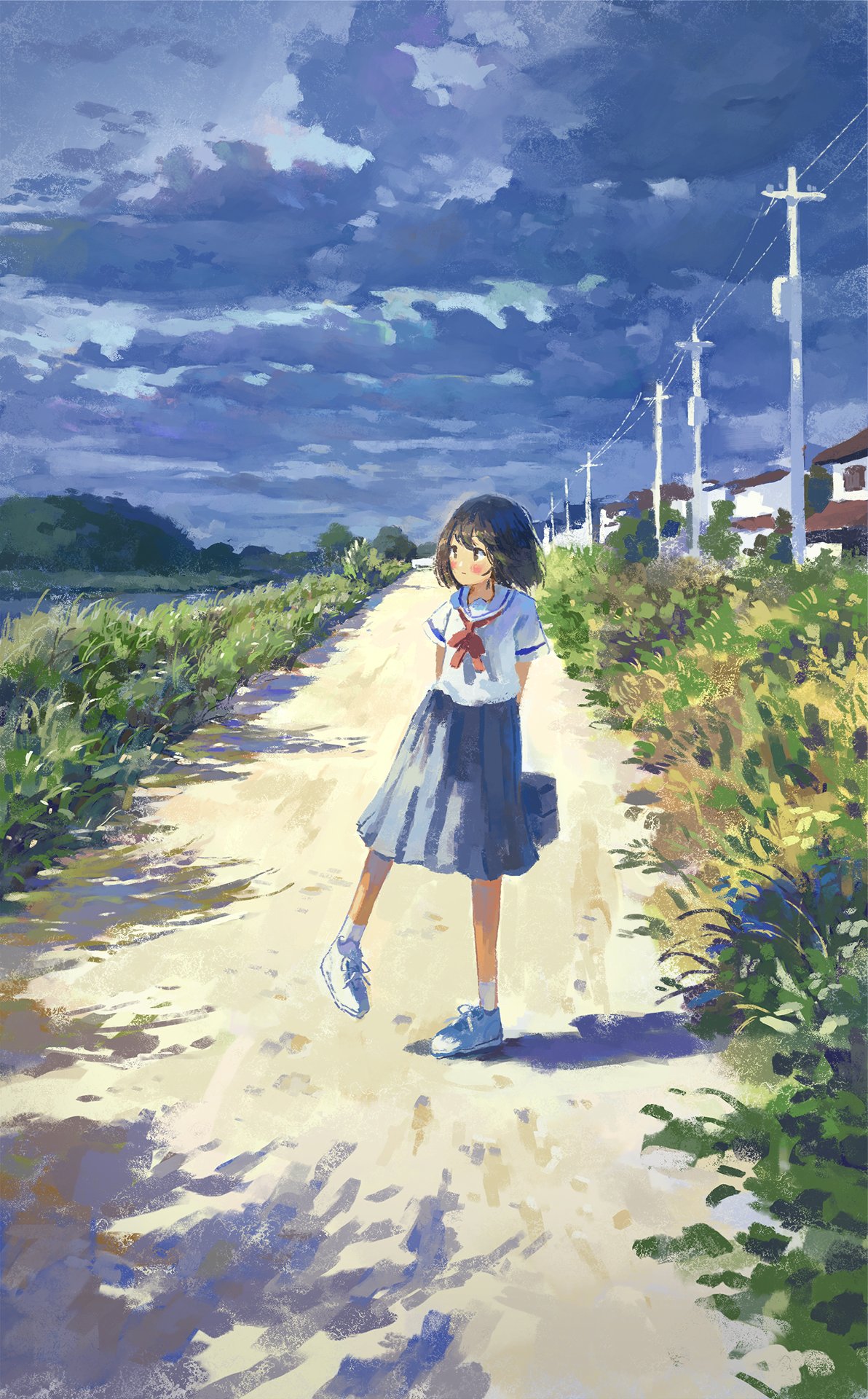 1girl arms_behind_back bag blue_bag blue_skirt blush brown_eyes brown_hair bush closed_mouth clouds cloudy_sky fjsmu grass highres holding holding_bag house long_skirt neckerchief original outdoors painterly red_neckerchief river school_uniform shoes short_hair skirt sky sneakers socks solo uniform utility_pole white_footwear white_socks