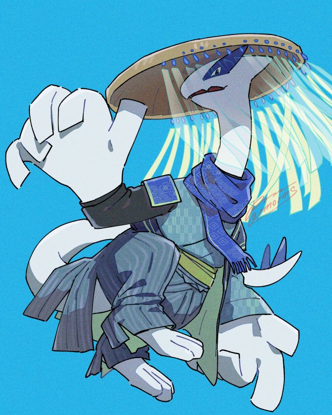 black_eyes blue_background blue_scarf clothed_pokemon commentary_request full_body green_belt lugia no_humans open_mouth pants pokemon pokemon_(creature) sagemaru-br scarf simple_background solo