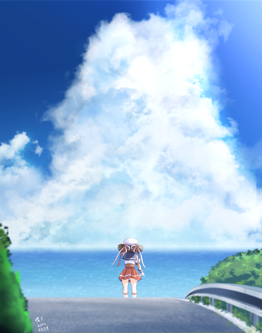 1girl black_hair blue_sailor_collar blue_sky clouds day from_behind gloves hat kantai_collection kurahashi_(kancolle) medium_hair miniskirt outdoors pleated_skirt puffy_short_sleeves puffy_sleeves red_skirt road sailor_collar sailor_hat sailor_shirt shirt short_sleeves skirt sky solo standing tk8d32 twintails white_gloves white_headwear white_shirt
