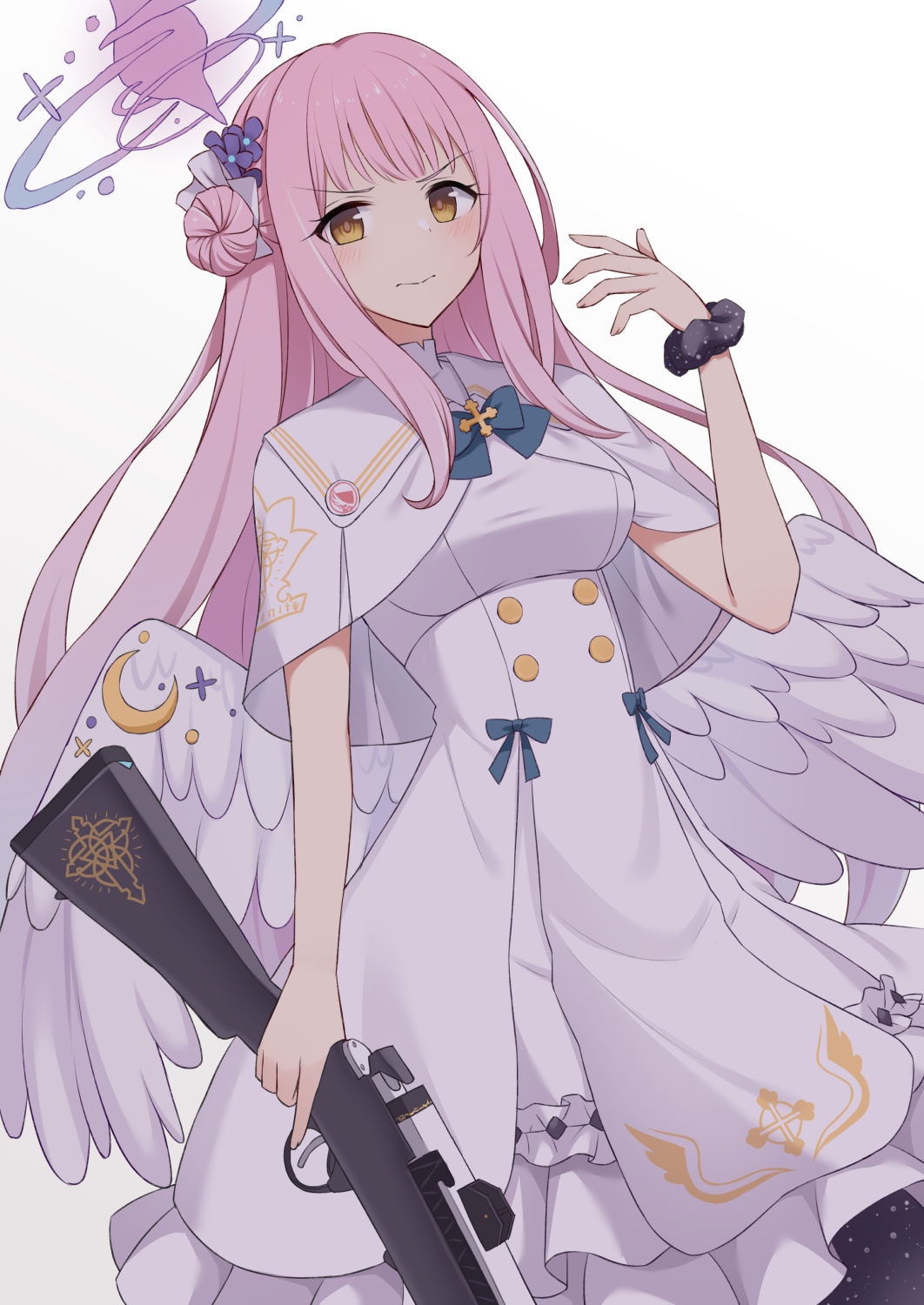 1girl akahi242 bangs blue_archive brown_eyes cowboy_shot dress feathered_wings flower gun hair_flower hair_ornament halo highres holding holding_gun holding_weapon long_hair looking_at_viewer mika_(blue_archive) pink_hair sidelocks solo standing weapon white_background white_dress wings