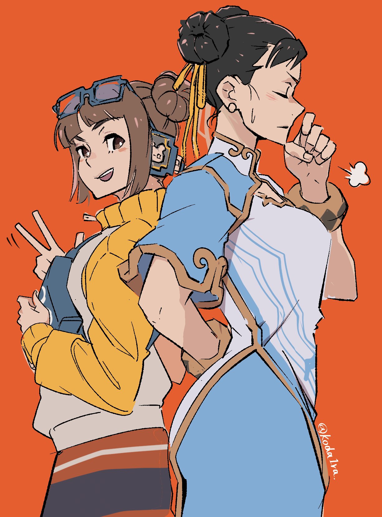 2girls =3 arm_behind_back back-to-back bangs blue_leggings blunt_bangs blush bracelet brown_eyes brown_hair chinese_clothes chun-li closed_eyes clothing_cutout commentary cropped_legs double_bun eyewear_on_head hair_bun hair_ribbon hand_up headphones highres jacket jewelry koda1ra leggings li-fen looking_at_viewer mother_and_daughter multiple_girls open_mouth profile red_background ribbon short_hair simple_background street_fighter street_fighter_6 twitter_username v