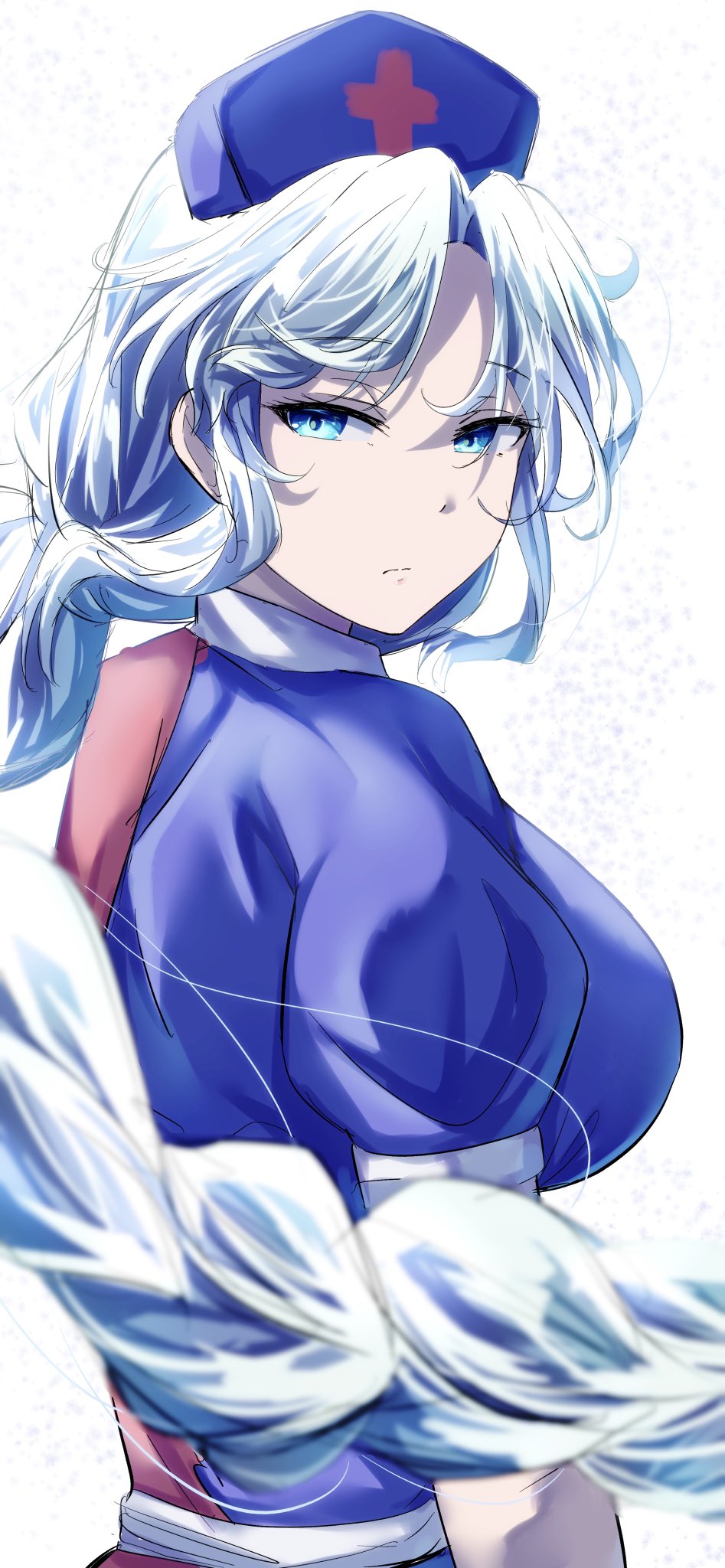 1girl blue_eyes blue_headwear braid breasts closed_mouth cross grey_hair hat highres large_breasts long_hair looking_at_viewer mirufui nurse_cap red_cross short_sleeves simple_background single_braid solo touhou upper_body white_background yagokoro_eirin