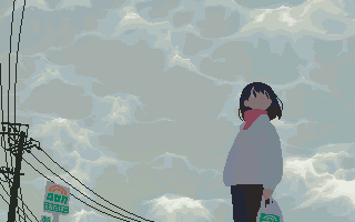 1girl animated animated_gif bag bangs black_eyes black_hair clouds cloudy_sky commentary_request jacket long_sleeves looping_animation lowres medium_hair original otnweo outdoors pixel_art power_lines shopping_bag sign sky solo turtleneck utility_pole white_jacket
