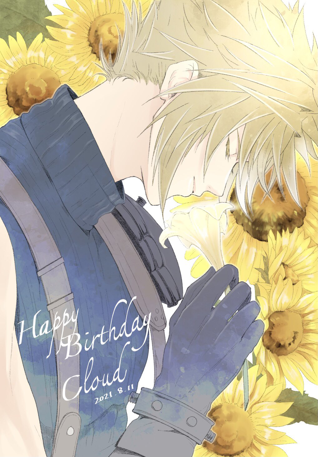 1boy armor blonde_hair blue_shirt character_name closed_eyes cloud_strife colored_eyelashes dated final_fantasy final_fantasy_vii final_fantasy_vii_remake floral_background flower gloves hair_between_eyes happy_birthday highres holding holding_flower i_ne_rrr leaf male_focus shirt short_hair shoulder_armor sleeveless sleeveless_turtleneck smelling_flower solo spiky_hair sunflower suspenders turtleneck upper_body