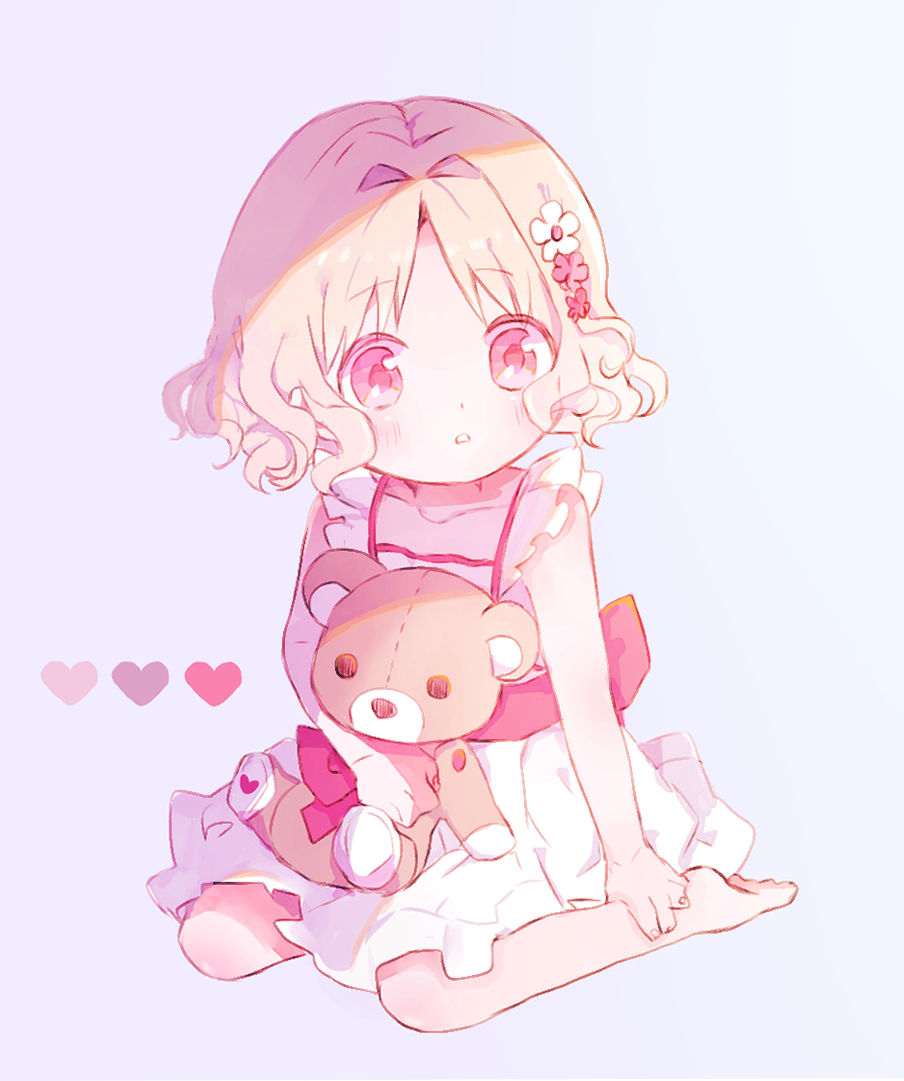 1girl barefoot blonde_hair bow diabolik_lovers dress dress_bow female_child flower frilled_dress frills grey_background hair_flower hair_intakes hair_ornament hano_luno heart holding holding_toy komori_yui looking_ahead parted_lips pink_bow pink_eyes seiza sitting sleeveless sleeveless_dress stuffed_animal stuffed_toy teddy_bear toddler toy wavy_hair younger