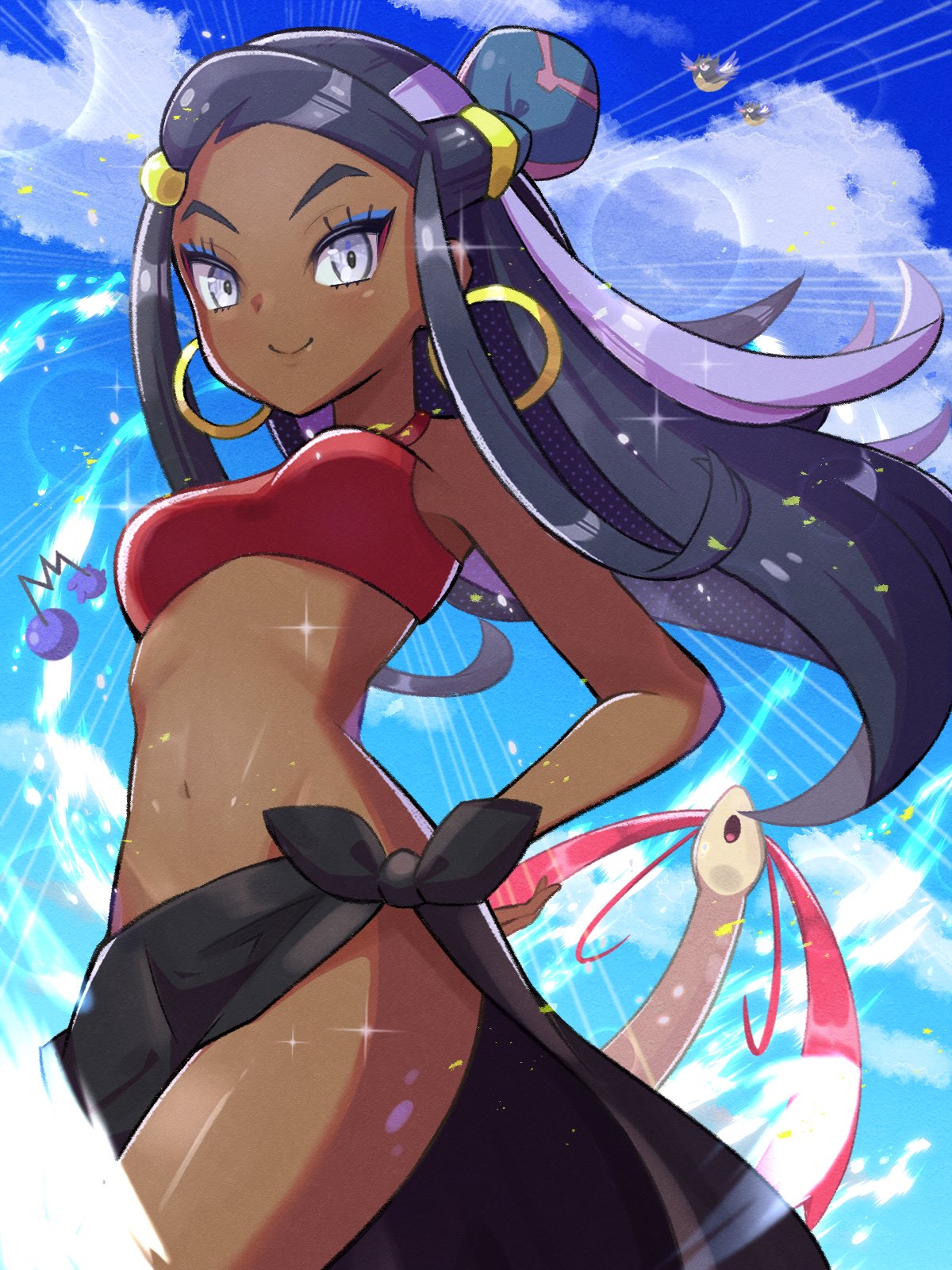 1girl azurill black_hair blue_hair breasts clouds dark-skinned_female dark_skin day earrings eyeshadow flying hand_on_hip highres hoop_earrings inana_umi jewelry looking_at_viewer makeup milotic multicolored_hair navel nessa_(pokemon) open_mouth pokemon pokemon:_twilight_wings pokemon_(creature) rookidee sarong smile tail two-tone_hair v-shaped_eyebrows water wings