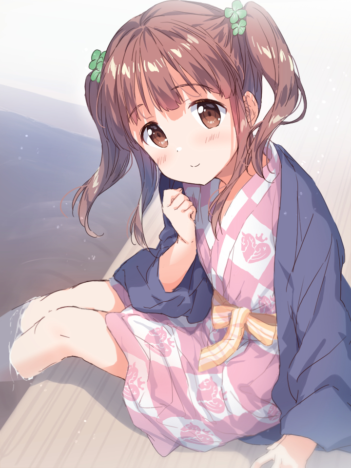 1girl bath bath_yukata blush brown_hair clover_hair_ornament hair_ornament idolmaster idolmaster_cinderella_girls japanese_clothes kimono looking_at_viewer nanikammm ofuro ogata_chieri pink_kimono smile soaking_feet solo twintails yukata