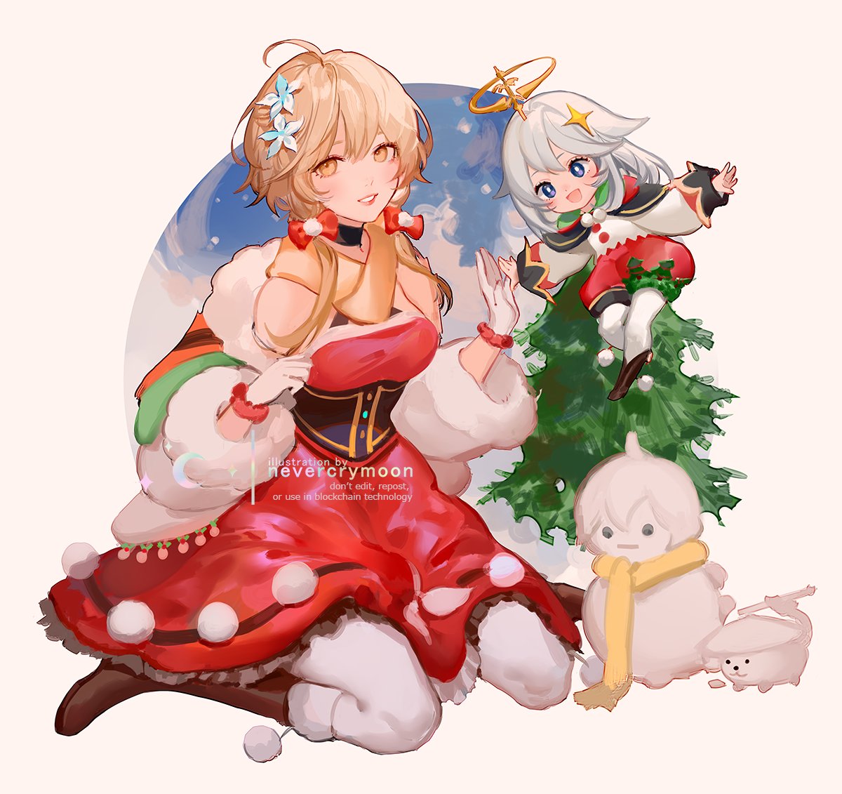 2girls bangs blonde_hair blue_eyes breasts christmas christmas_tree eyebrows_hidden_by_hair flower flying genshin_impact hair_between_eyes hair_flower hair_ornament kneeling looking_at_viewer lumine_(genshin_impact) multiple_girls nevercrymoon off_shoulder open_mouth paimon_(genshin_impact) santa_costume scarf short_hair smile snowman white_hair yellow_eyes