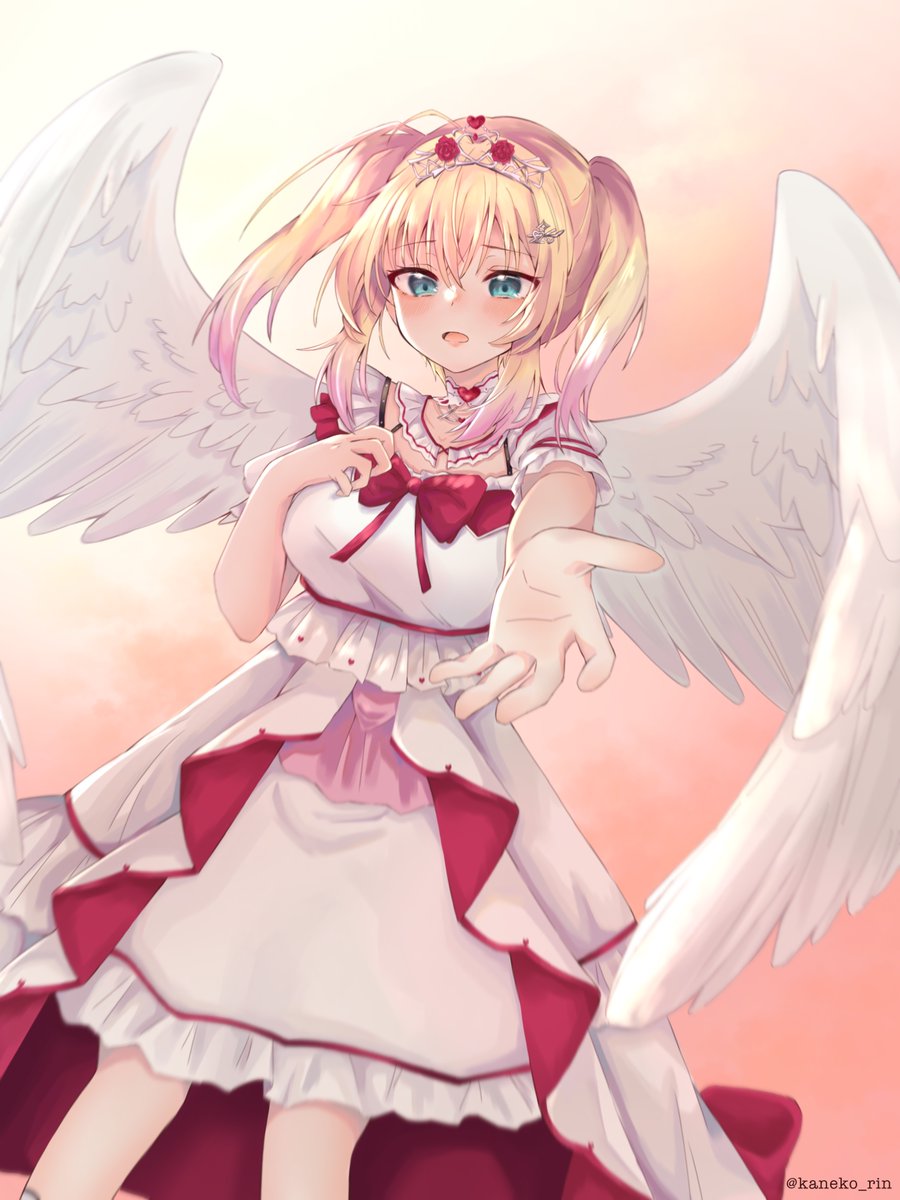 1girl akai_haato angel_wings aqua_eyes artist_name blonde_hair blush breasts crown feathered_wings gradient gradient_background hand_on_own_chest highres hololive kaneko_rin_(kaneri) large_breasts medium_breasts medium_hair open_mouth reaching_out twintails twitter_username virtual_youtuber wings