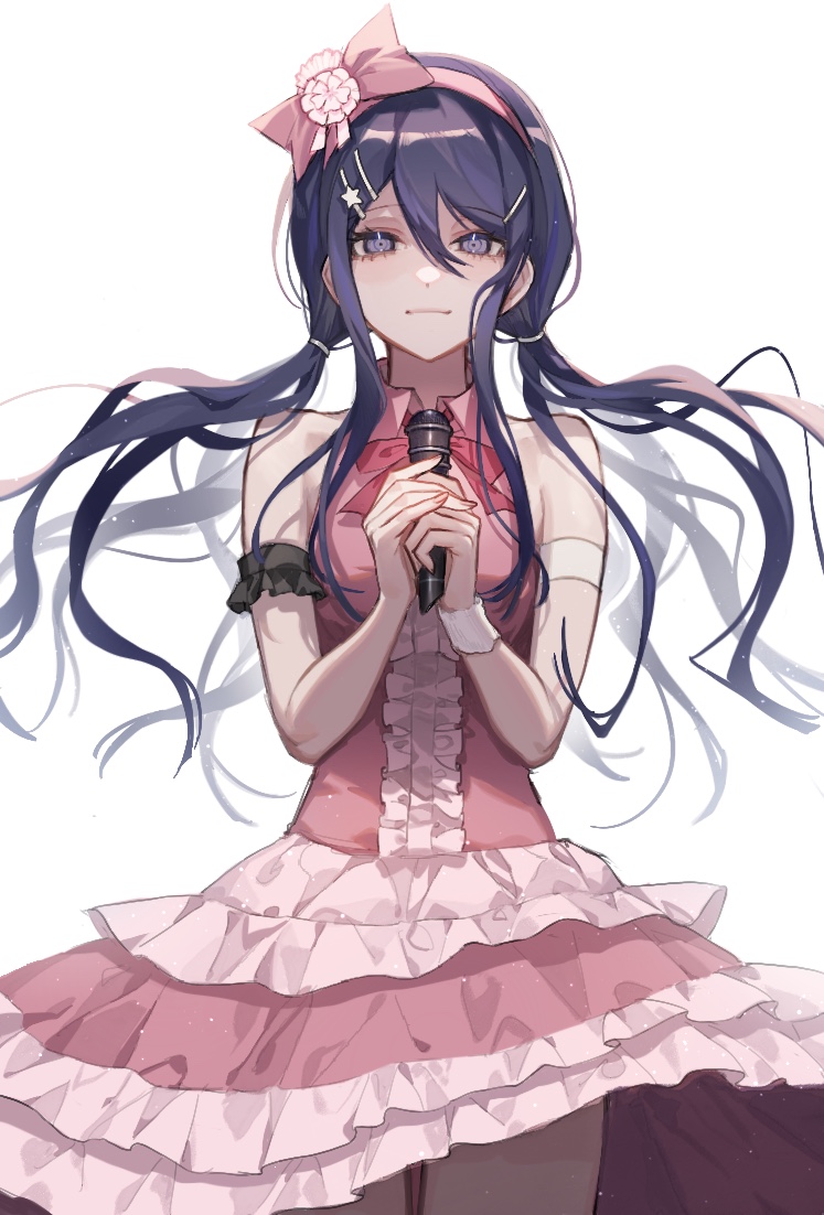 1girl bangs bare_shoulders blue_hair bow cowboy_shot danganronpa:_trigger_happy_havoc danganronpa_(series) dress frilled_dress frills grey_background hair_between_eyes hairband holding holding_microphone long_hair looking_at_viewer low_twintails maizono_sayaka microphone official_alternate_costume pink_bow pink_dress pink_hairband raito47 shiny shiny_hair simple_background smile solo twintails white_dress
