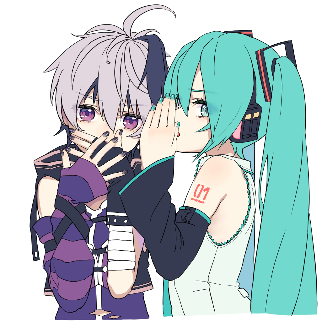 2girls aqua_eyes aqua_hair aqua_nails aqua_necktie arm_warmers bandaged_arm bandages bare_shoulders black_sleeves commentary covering_mouth detached_sleeves fingerless_gloves flower_(vocaloid) flower_(vocaloid4) from_side gloves grey_shirt hair_ornament hands_up hatsune_miku headphones long_hair looking_at_viewer looking_to_the_side multicolored_hair multiple_girls nail_polish necktie purple_gloves purple_hair purple_nails purple_shirt purple_sleeves purple_vest rsk_(tbhono) shirt short_hair shoulder_tattoo simple_background single_arm_warmer single_glove sleeveless sleeveless_shirt streaked_hair striped_arm_warmers tattoo twintails upper_body very_long_hair vest violet_eyes vocaloid whispering white_background