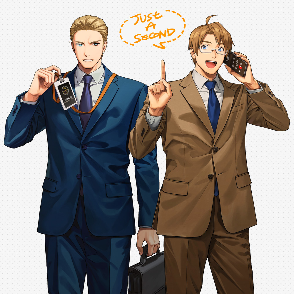 2boys :d ahoge america_(hetalia) axis_powers_hetalia blonde_hair blue_eyes blue_necktie blue_suit brown_suit collared_shirt english_text formal glasses hair_slicked_back id_card index_finger_raised littleb623 male_focus meeting multiple_boys name_tag necktie shirt smile suit talking_on_phone