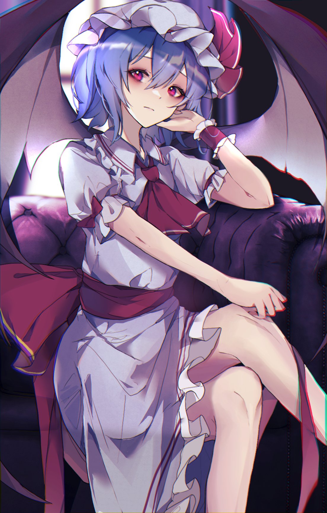 1girl ascot bat_wings blue_hair bow collared_dress dress frilled_sleeves frills hat hat_ribbon highres krs_(kqrqsi) mob_cap puffy_short_sleeves puffy_sleeves red_ascot red_bow red_eyes red_ribbon remilia_scarlet ribbon short_hair short_sleeves solo touhou waist_bow white_dress white_headwear wings wrist_cuffs