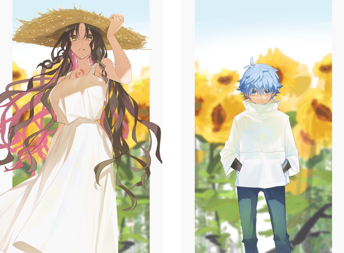 1boy 1girl alternate_costume bangs bare_shoulders black_hair blue_eyes blue_hair breasts child closed_mouth commentary couple dress expressionless facial_mark fate/extra fate/extra_ccc fate/grand_order fate_(series) feet_out_of_frame flower forehead_mark hands_in_pockets hans_christian_andersen_(fate) hat high_collar hino_hinako large_breasts long_hair long_sleeves looking_at_viewer multicolored_hair pants parted_bangs pink_hair sesshouin_kiara sky sleeveless straw_hat sunflower sunlight sweat tattoo very_long_hair white_dress yellow_eyes