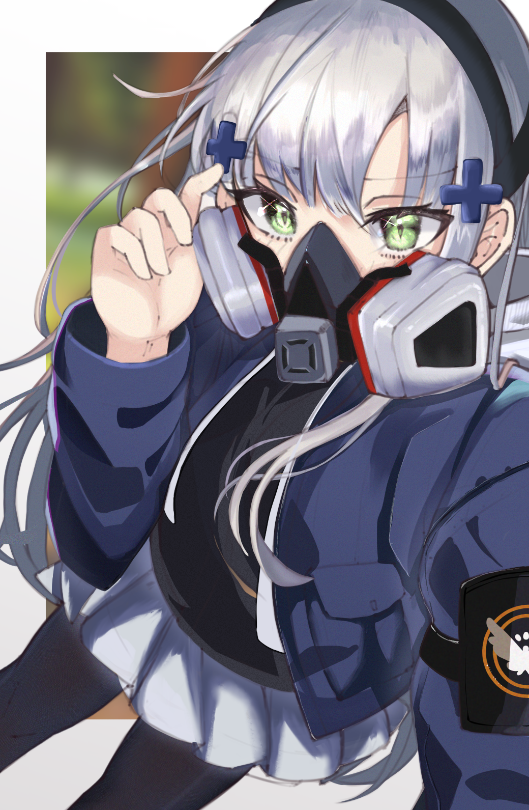 agent_416_(girls'_frontline) armband bangs black_shirt blunt_bangs girls_frontline green_eyes hair_ornament hand_on_own_face highres hk416_(girls'_frontline) jacket long_hair mask mouth_mask pantyhose pleated_skirt respirator shirt skirt tiku_is tom_clancy's_the_division white_hair