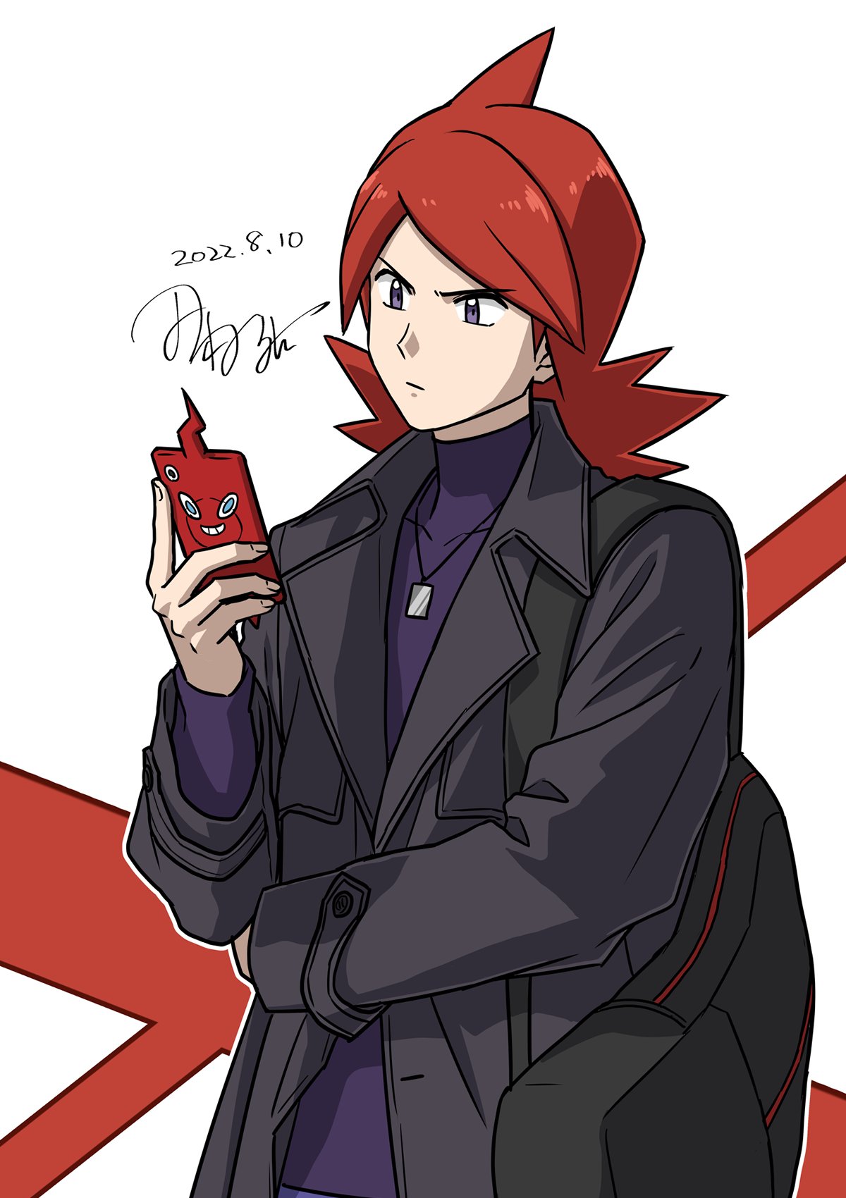 1boy alternate_costume black_bag closed_mouth coat commentary_request cowlick dated grey_eyes hand_up highres holding holding_phone jewelry long_hair long_sleeves male_focus necklace one-hour_drawing_challenge phone pokemon pokemon_(game) pokemon_hgss purple_shirt redhead rotom rotom_phone shirt signature silver_(pokemon) tamura_(kouititamura)