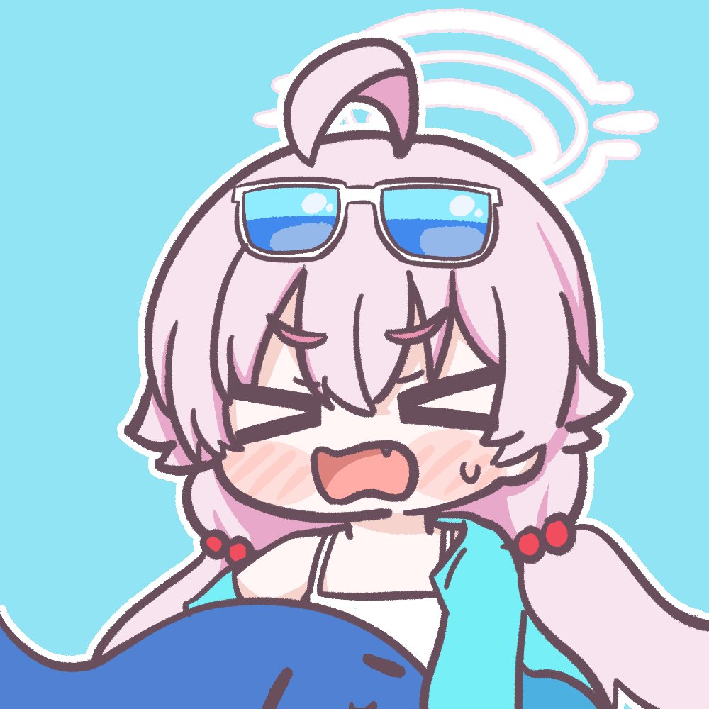 &gt;_&lt; 1girl ahoge bangs bikini blue-tinted_eyewear blue_archive blue_jacket blush eyewear_on_head fang hair_bobbles hair_ornament halo hoshino_(blue_archive) hoshino_(swimsuit)_(blue_archive) inflatable_toy inflatable_whale jacket jn_7_3 long_hair low_twintails off_shoulder official_alternate_costume open_mouth pink_hair simple_background sunglasses sweatdrop swimsuit tinted_eyewear twintails white-framed_eyewear white_bikini