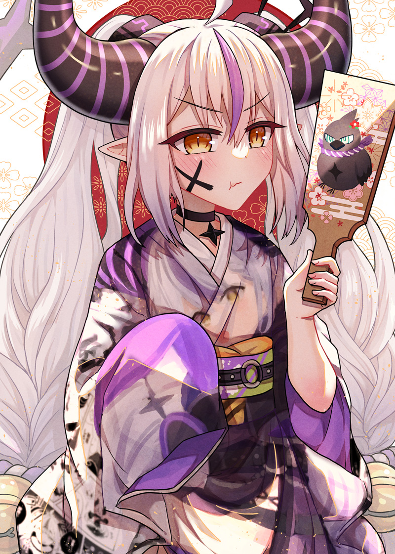 1girl :t ahoge badminton_racket character_print closed_mouth commentary_request hololive horns japanese_clothes kimono la+_darknesss lei_(shizuiza) long_hair long_sleeves looking_at_viewer marking_on_cheek multicolored_hair obi obiage pout purple_hair purple_kimono racket sash sleeves_past_fingers sleeves_past_wrists solo streaked_hair twintails very_long_hair virtual_youtuber white_hair wide_sleeves yellow_eyes