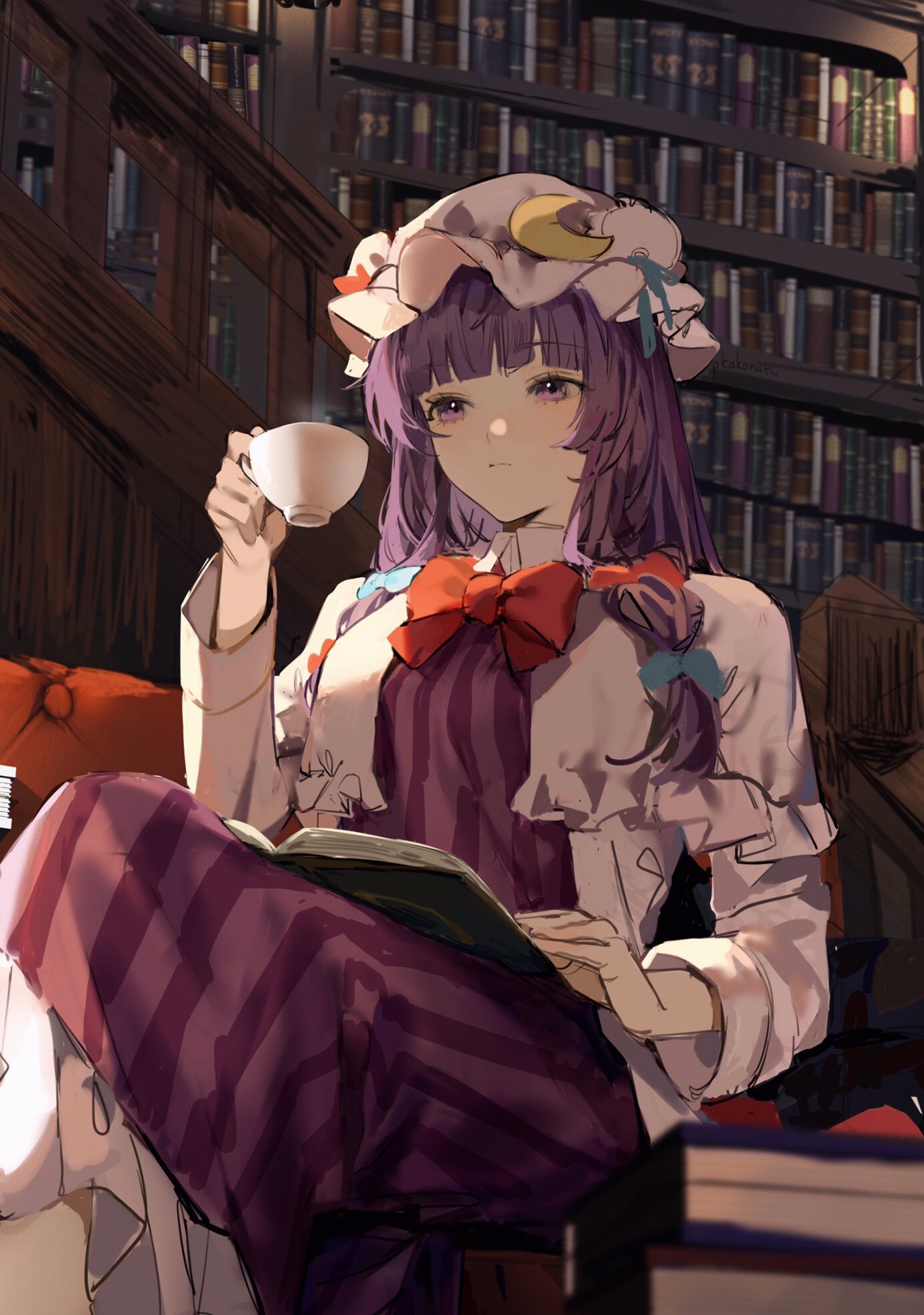 1girl bangs blunt_bangs book book_stack bookshelf bow bowtie closed_mouth collared_shirt commentary crescent crescent_hat_ornament cup dress feet_out_of_frame frilled_shirt frills hair_ribbon hat hat_ornament hat_ribbon highres holding holding_cup indoors library long_hair long_sleeves mob_cap open_book open_clothes open_shirt patchouli_knowledge pink_headwear pkokonatu purple_dress purple_hair reading red_bow red_bowtie ribbon shirt sitting solo stairs striped striped_dress teacup touhou violet_eyes white_shirt