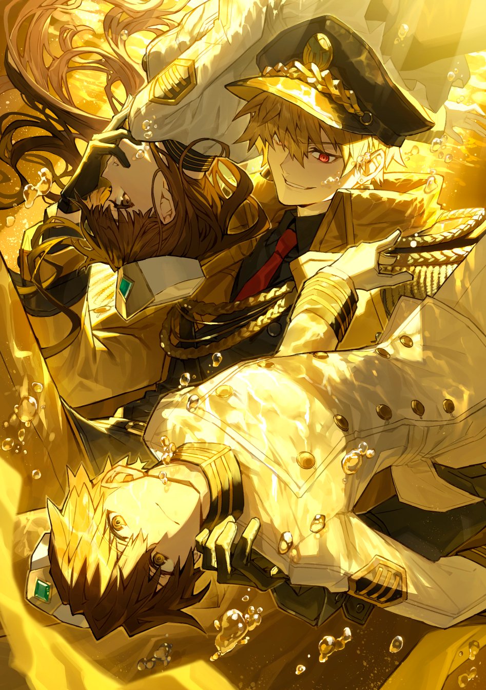 1girl 2boys bangs black_gloves black_pantyhose blonde_hair brown_eyes brown_hair closed_mouth coat coat_on_shoulders commentary_request earrings fate/extella fate/extella_link fate/extra fate/extra_ccc fate/grand_order fate_(series) feet_out_of_frame gilgamesh_(fate) gloves hat highres jacket jewelry kepi kishinami_hakuno_(female) kishinami_hakuno_(male) light_smile long_hair long_sleeves looking_at_viewer military_hat multiple_boys necktie official_alternate_costume open_clothes open_coat open_mouth pants pantyhose red_eyes red_necktie routo short_hair skirt smug underwater uniform water wavy_hair white_gloves white_headwear white_jacket white_pants white_skirt yellow_coat yellow_pants