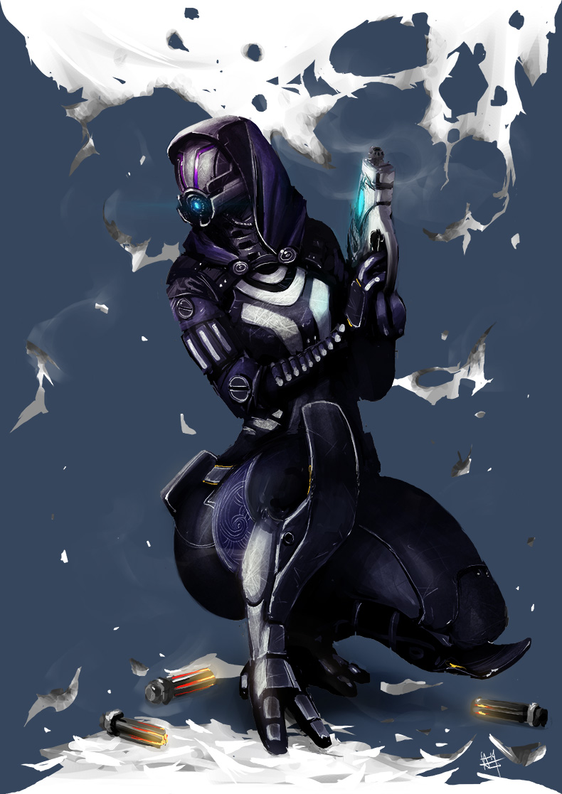 1girl alien amrrr black_bodysuit body_armor bodysuit commentary full_body glowing gun handgun hands_up helmet holding holding_gun holding_weapon hood looking_away looking_to_the_side mass_effect_(series) science_fiction solo squatting tali'zorah thick_thighs thighs weapon