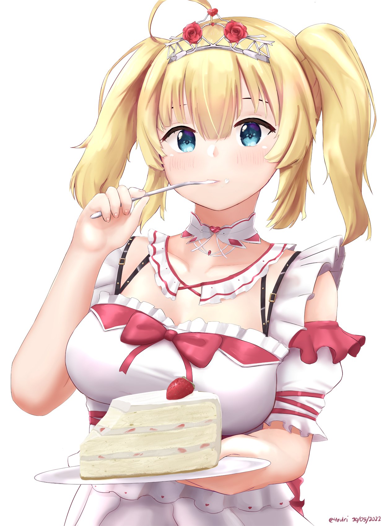1girl ahoge akai_haato artist_name blonde_hair blue_eyes blush breasts cake collar commentary dress eating english_commentary food frilled_collar frilled_dress frills fruit highres hololive large_breasts long_hair looking_at_viewer rurikon strawberry strawberry_shortcake tiara twintails virtual_youtuber white_dress