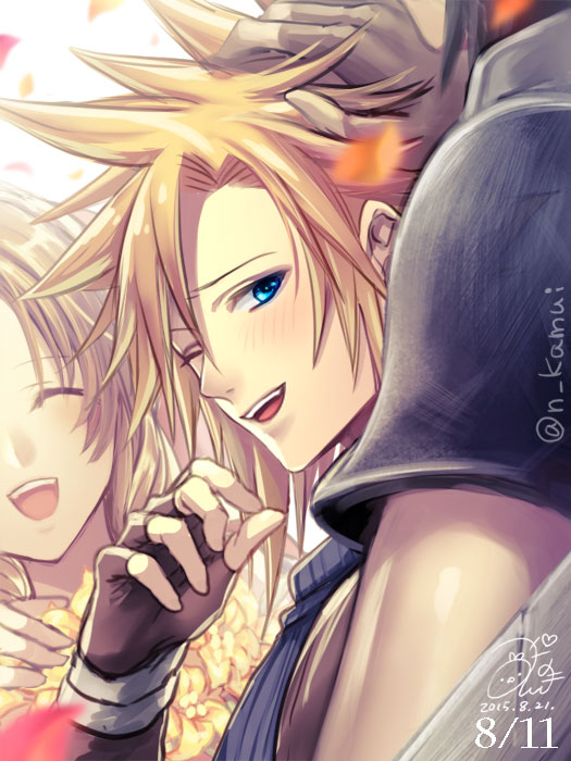 1girl 2boys aerith_gainsborough armor bangs black_hair blonde_hair blue_eyes blue_shirt bouquet brown_gloves brown_hair closed_eyes cloud_strife confetti dated final_fantasy final_fantasy_vii fingerless_gloves flower gloves hair_between_eyes hand_in_another's_hair hand_on_another's_head hand_to_own_mouth holding holding_bouquet light_blush multiple_boys n_kamui one_eye_closed open_mouth parted_bangs shirt short_hair shoulder_armor signature smile spiky_hair teeth twitter_username upper_body upper_teeth white_background yellow_flower zack_fair