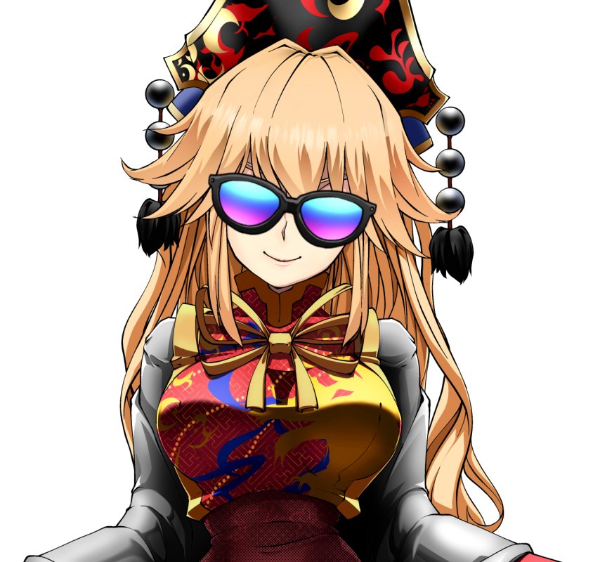 1girl bangs belt black_dress black_headwear blonde_hair bow bowtie breasts brown_belt chinese_clothes closed_mouth crescent dress glasses hair_between_eyes hat junko_(touhou) kikoka_(mizuumi) long_hair long_sleeves looking_at_viewer medium_breasts phoenix_crown pom_pom_(clothes) simple_background smile solo sunglasses tabard touhou upper_body white_background wide_sleeves yellow_bow yellow_bowtie