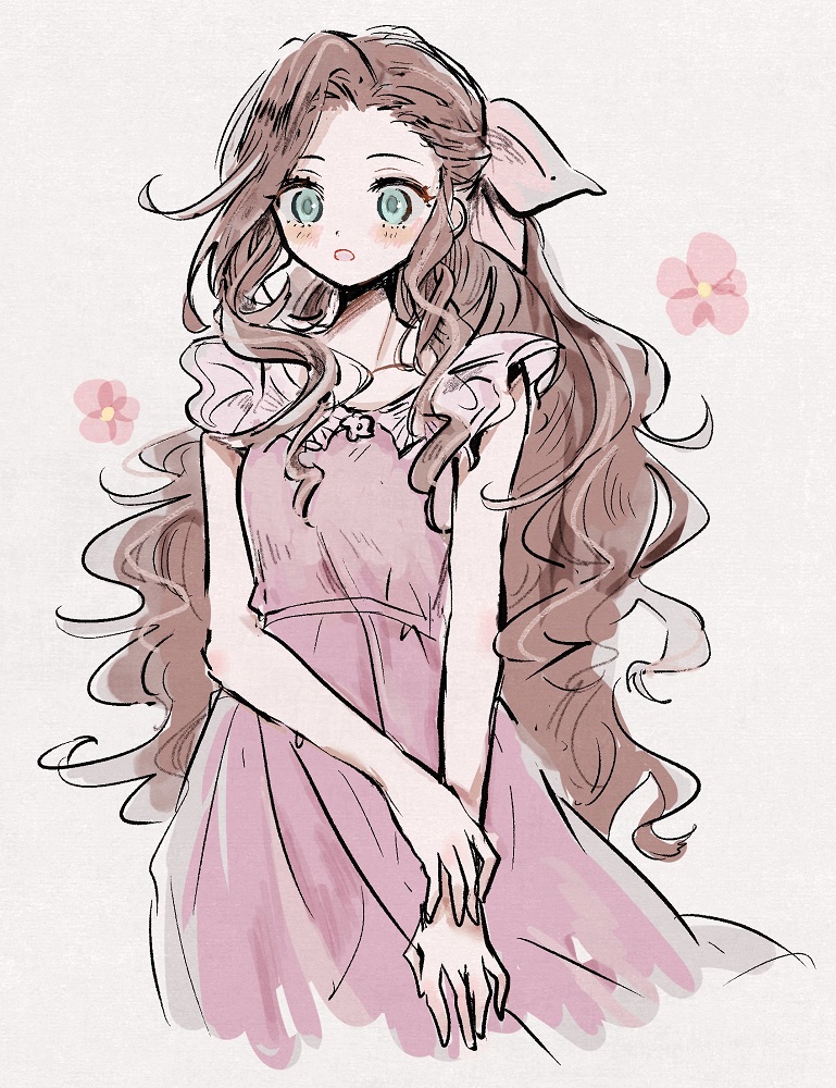 1girl aerith_gainsborough asymmetrical_bangs bangs bare_arms blush breasts dress final_fantasy final_fantasy_vii final_fantasy_vii_remake flower frilled_sleeves frills green_eyes grey_background hair_ribbon hand_on_own_wrist long_hair looking_to_the_side nocoyaki official_alternate_costume parted_bangs parted_lips pink_dress pink_flower pink_ribbon ponytail ribbon short_sleeves sidelocks small_breasts solo wavy_hair